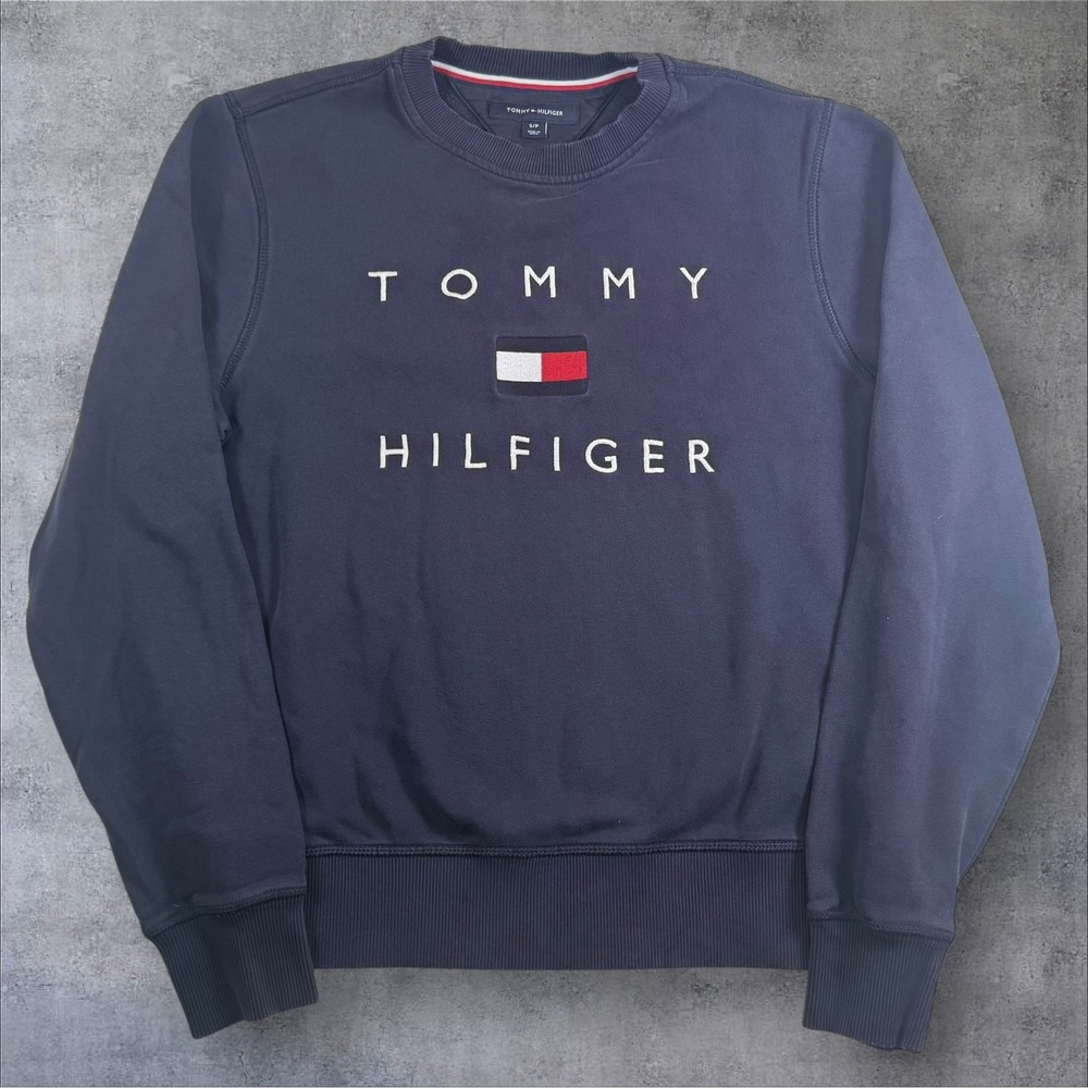 Vintage‎ Tommy Hilfiger Crewneck Sweatshirt Spellout Blue Pullover Mens Small